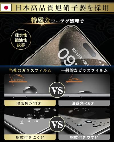 For iPhone15pro ガラスフィルム (2枚)＋ For iPhone15pro カメラ保護 (2枚) 【旭硝子素材製-4枚入り】15pro 用 フィルム 硬度9H 耐衝撃 高透過率 飛散防止 自动吸着 撥水撥油 15 pro 用 レンズフィルム+ 15 pro フィルム + ガイド枠- 6.1'' 中間 画像
