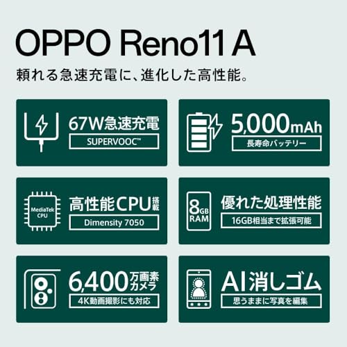 OPPO SIMフリー スマートフォン OPPO Reno11 A 5G スマホ 本体 日本語版 6.7インチ 有機ELディスプレイ 6400万画素 2412×1080 120Hz 67W急速充電 docomo/au/SoftBank/Rakuten Mobile 回線対応 携帯電話 おサイフケータイ ディスプレイ指紋認証 顔認証 8GB RAM 16GB拡張+128GB ROM 2TB拡張可能 中間 画像