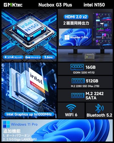GMKtec ミニpc 最新第12世代インテルAlder Twin-N150 mini pc Windows 11 Pro DDR4 16GB+512GB SSD 4コア/4スレッド 最大周波数3.6GHz WIFI6/BT5.2 TDP 6W 小型PC M.2 2280 NVMe(PCIe3.0)ミニパソコン 2.5G有線LANポート付き 静音性 2画面同時出力 緑 中間 画像