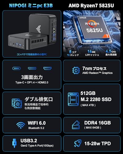 NIPOGI ミニpc Ryzen 7 5825U(最大4.50GHz) 8C/16T 16GB DDR4 512GB SSD mini pc ryzen Windows11 Pro 4K60Hz 3画面出力 ミニパソコン Type-C 小型pc WiFi 6 Bluetooth 5.2 中間 画像