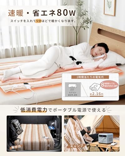 電気毛布 掛け敷き兼用 洗える【160x80cm 7段階温度調節 2-4-8-12H切タイマー】80W 節電 電気ブランケット 速暖 省エネ ダニ退治 軽くて柔かい生地 肩掛け 膝掛け シングル 防寒対策 暖房器具 キャンプ オフィス 車中泊 ギフト PSE認証済み (ストライプブラウン, 160*80CM) 中間 画像