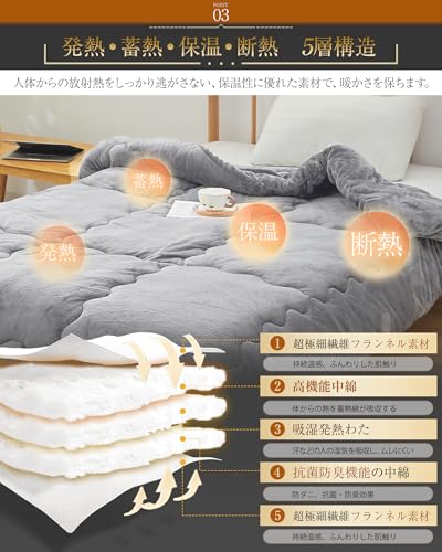 Housecover 掛け布団 シングル 冬用 暖かい 5層構造 フランネル あったか 吸湿発熱わた 蓄熱 極厚 ボリューム 高保温 真冬 毛布の代わり 肌触り 布団 洗える 抗菌防臭防ダニ 静電防止 ふわふわ 掛布団 掛けふとん ライトグレー 150×210cm 中間 画像