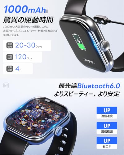 スマートウォッチ【稼働時間突破!業界初1000mAh電池&保護フィルム付属】Smart Watch 活動量計 腕時計 iPhone対応 アンドロイド対応 Bluetooth6.0 2.01インチ大画面 通話機能付き メッセージ通知 IP68生活防水 長持ちバッテリー 薄型 軽量 スポーツウォッチ 音楽再生 多機能スマートウォッチ 多種類運動モード 多種類文字盤 プレゼントに最適 (ブラック) 中間 画像