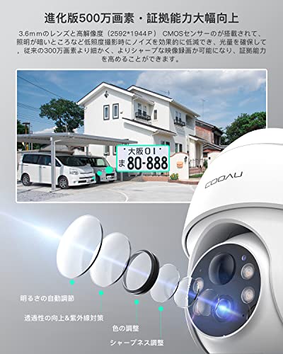 【進化500万超高画素・天井/壁両用防犯カメラ】COOAU 防犯カメラ 屋外 ソーラー 4灯夜間カラー撮影 PIR人体検知 5dBiWiFi強化 360°広角撮影 PTZカメラ 監視カメラ 屋外用 電源不要 配線工事不要 ぼうはんかめら ワイヤレス バッテリー 電池式 屋外ランキング メモリカード/クラウド録画 お宅/庭/玄関/駐車場/店舗/ゴミ場 最後 画像