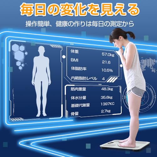 【2025新登場】体重計 体脂肪計 体組成計 Bluetooth スマホ連動 ヘルスメーター 高精度 軽量 収納 ボディスケール 多機能測定 体重 体脂肪率 筋肉率 体水分率 BMI など測定 iOS/Android対応 日本語取扱説明書 (ブラック) 最後 画像