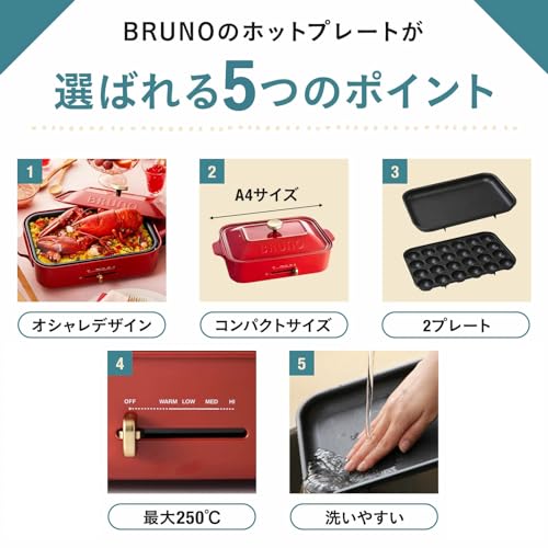BRUNO ブルーノ コンパクトホットプレート 本体 プレート2種(たこ焼き 平面) ピンク ベージュ pink おしゃれ かわいい これ1台 蓋 ふた付き 1200w 温度調節 洗いやすい 1人 2人 3人用 小型 小さいサイズ 少人数用 ひとり暮らしにも BOE021-PBE 最後 画像