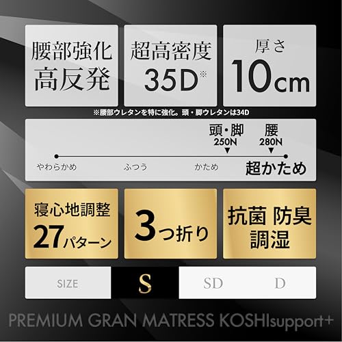 GOKUMIN マットレス シングル 2層高反発【腰部強化タイプ】極厚10cm 凸凹加工 34D ベッドマット 敷布団 【180Nと250Nの2層構造と特殊加工の長持ちグランマットレス】 硬め 三つ折り 折りたたみ (腰部強化タイプ ホワイト) G-GMP 中間 画像