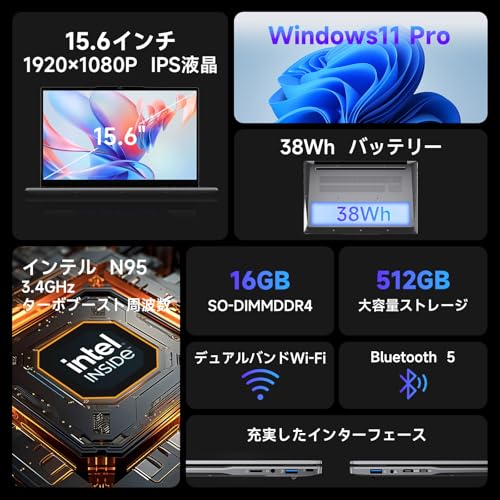 【ノートパソコン 16GBメモリ+512GB SSD Intel N95 最大3.4GHz N5095より速い】ノートパソコン 15.6インチ 1920×1080 IPS液晶 Win11Pro、34Wh大容量バッテリー ノートPC USB3.2+Type-C+FullHD+高速放熱+静音 デスクトップpc WIFI5/BT5.0/HDMI/TFカード対応/テンキー付き/日本語キーボードカバー 最後 画像