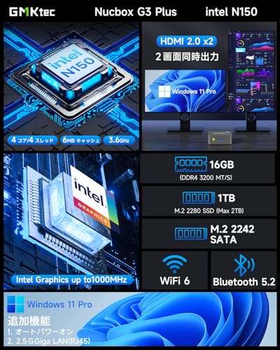 ミニpc Intel N150初登場 【16GB+1TB SSD ミニpc】GMKtec G3 plus mini pc 最新第13世代インテル Twin-N150 Windows11 Pro 4コア/4スレッド 最大周波数3.6GHz WIFI6/BT5.2 TDP 6W 小型 M.2 2280 NVMe（PCIe3.0）ミニパソコン 2.5G有線LANポート付き 静音 高性能 超軽量 業務用 最後 画像