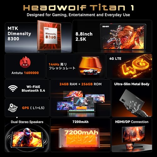 Headwolf Titan 1 Android15 タブレット 8インチ Dimensity 8300、2.5K 144Hz高リフレッシュレート 24GB LPDDR5X+256GB UFS 4.0、上下デュアルスピーカー、7200mAh USB3.0 HDMI/DP対応、simフリー タブレット WiFi-6E WidevineL1 光センサー GPS 8MP/16MP 最後 画像