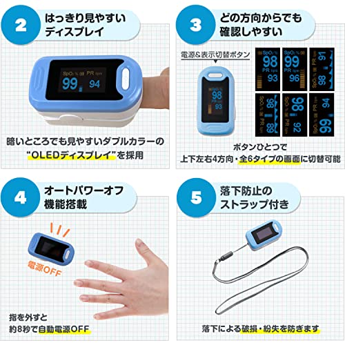 パルスオキシメーター 付属品セット ブルー 医療機器認証 国内検品 松吉医科器械 血中酸素濃度 心拍計 在宅看護 体調管理 介護 医療 病院 医療用 パルスオキシメータ 酸素飽和度測定器 マツヨシ 松吉医科器械 中間 画像