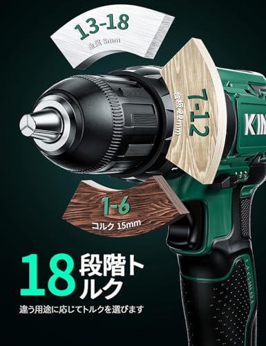【2.0Ahバッテリー2個付き】KIMO 電動ドライバー 電動ドリル 20V 最大35N.m 13本ビット 1.24kg軽量 1本延長アダプター 無断変速&二段変速 正逆転切替 LEDライト 18段階トルク調節 充電式ドリルドライバーセット コードレス 軽量 安全ロックネジ締め 電動工具 電動ドリルドライバー ビットドライバードリル 穴あけ 締付工具 木材・金属掘削 DIY初心者 PSE認証済 最後 画像