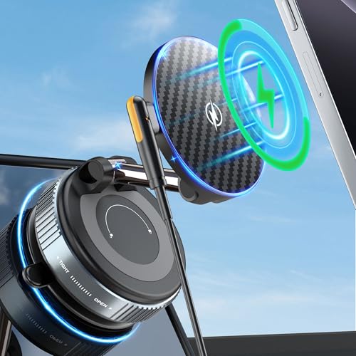 PlusAcc スマホホルダー 車 MagSafe充電 車載スマホホルダー 15W急速充電【真空吸盤 & 強力 マグネット】360°回転 折りたたみ式真空吸着式車 スマホスタンド 超強力N55磁石搭載 iPhone 16/15/14/13/12シリーズ＆Android多機種と多車種に対応スマホホルダー マグセーフ 高級合金素材 片手操作 便利な車載携帯ホルダー 通勤·旅行最適 画像1