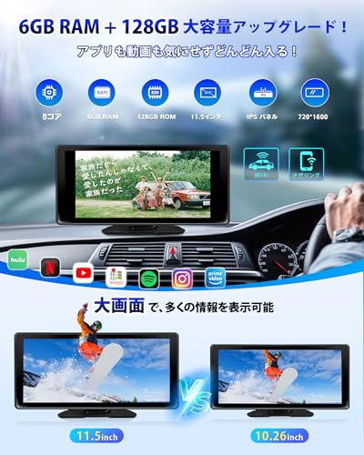 11.5インチandroidナビ HDMI出力 6+128GB大容量ディスプレイオーディオ：【YouTubeやNetflix動画視聴】Wi-Fi/テザリング対応 ワイヤレスCarPlay/Android Auto/ミラーリング 二画面表示 Bluetooth電話/音楽 バック連動 TFカード動画音楽対応オンダッシュモニター1600*720 プレイヤー・レシーバー KASUVAR KAR12W 中間 画像