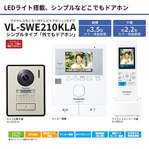 パナソニック テレビドアホン どこでもドアホン 自動録画機能 モニター 3.5型カラー液晶 玄関子機 露出型 LEDライト ワイヤレスモニター子機 約2.2型カラー液晶 VL-SWE210KLA 最後 画像
