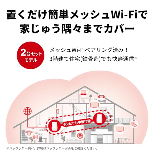 【Amazon.co.jp限定】 バッファロー WiFi ルーター 無線 LAN Wi-Fi 6E 11ax 6GHz AXE5400 メッシュ 2個セット トライバンド 6ストリーム 有線 2.5Gbps エコパッケージ 【 iPhone 16e / 16 / 15 / 14 / Nintendo Switch / PS5 動作確認済み 】 WNR-5400XE6P/2SN 中間 画像
