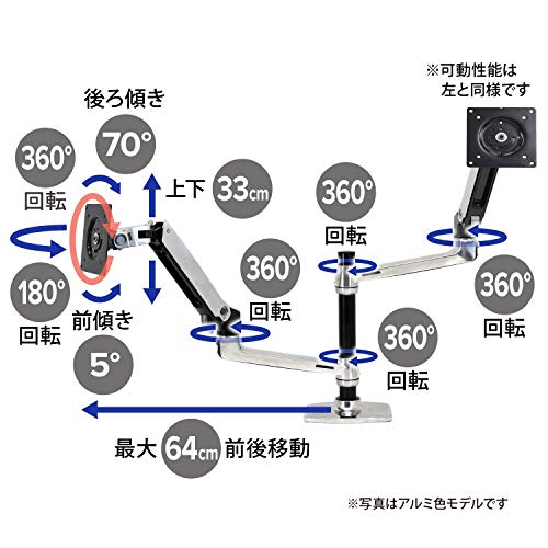 ERGOTRON エルゴトロン LX モニターアーム デスクマウント デュアル 縦/横型 2画面 マットブラック 24インチ(6.4~18.1kg)まで VESA規格対応 45-492-224 中間 画像