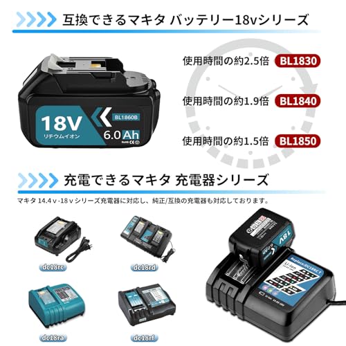 VANKO 互換 マキタ 18v バッテリー BL1860B 6.0Ah大容量 2個 マキタ バッテリー 18v BL1815N BL1820B BL1830B BL1860Bなど対応可能 BMS基板塔載 多数保護機能付き LEDランプ残量表示 PSE、CEマーク認証取得済み 2億円の製造物責任保険付 ブルー 中間 画像