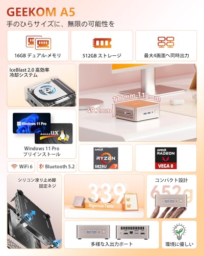 【3年保証・5年以上使用】GEEKOM A5 ミニpc AMD Ryzen7 5825U搭載 128GB RAM+10TB SSD（拡張可能） 全金属ボディ/静音冷却/SDカードリーダー/最大8K・4画面同時出力 mini pc Win11 Pro正規版 日本認証済み オフィス/動画編集/ゲームに最適/WiFi6/2.5G LAN/USB3.2対応 超小型PC 16GB RAM+512GB SSD 最後 画像