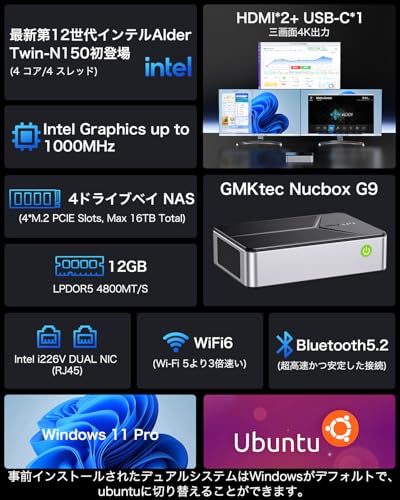 GMKtec 【4ベイNAS ミニPC 初登場 】インテルTwin Lake-N150 最大3.6GHz LPDDR5 12GB SSD 1TB 4K三画面対応 WIFI6 & デュアル 2.5G LAN 静音冷却設計 デュアルOS対応(Windows 11 Pro & Ubuntu) (Intel 150 12GB+64GB+1TB)-new model 最後 画像