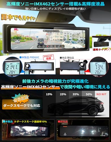 PORMIDOAUTO【前後カメラとも60FPS高輝度ソニー製IMX462センサーを採用】ドライブレコーダー ミラー型 前後カメラ【爆光デジタルインナーミラー:晴天でも見やすい+ダークスモーク車でも夜に見える】【リアカメラズーム機能+上部コネクタ隠し+1本TYPEC中継線集約設計】広視野画角 HDR/WDR/3軸Gセンサー/駐車監視/GPS搭載 LED信号機対応 地デジTV対策【PRD6XC】 中間 画像