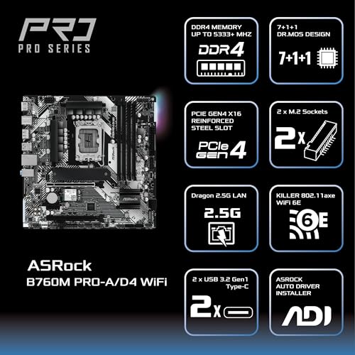 【Amazon.co.jp限定】 ASRock マザーボード B760M Pro-A/D4 WiFi Intel 第12世代 ・ 13世代 CPU (LGA1700)対応 B760チップセット DDR4 Bluetooth搭載 Micro ATX マザーボード 【国内正規代理店品】 中間 画像