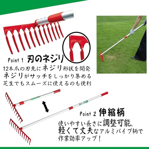 キンボシ(Kinboshi) 芝生のサッチ取りレーキ 伸縮式 金星 12本爪 アルミ柄 4036 中間 画像