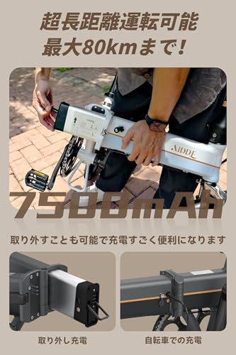 AiDDE 電動自動車 電動アシスト自転車 折りたたみ式 A1TS 最大走行距離80km/h フロントサスペンション搭載 公道可 軽量化17.8Kg バッテリー内蔵式 型式認定(スペースグレー&ブラック色) 最後 画像