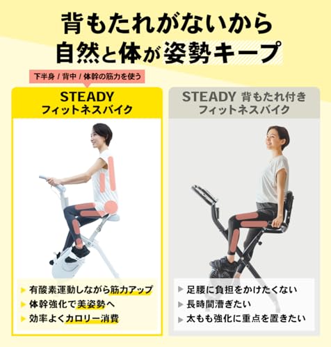 【MONOQLO年間ベストバイ受賞】STEADY フィットネスバイク エアロバイク 家庭用 静音 折り畳み Designed in Japan 独自開発の非接触式airホイール サイクリングマシン (03.ホワイト/背もたれなし) 中間 画像