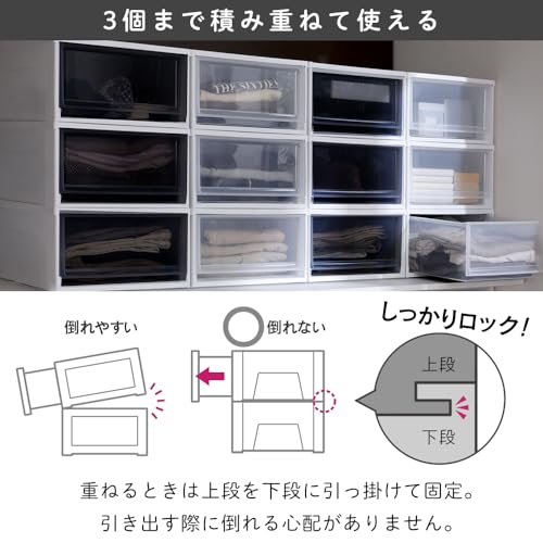 【Amazon.co.jp限定】【3個セット】アイリスオーヤマ 収納ケース ブラックカラー 引き出し クローゼット 圧倒的高コスパ 衣替え ウォークインクローゼット 衣装ケース チェスト 日本製 幅39×奥行50×高さ23.2cm ホワイト/クリアブラック BC-L 中間 画像