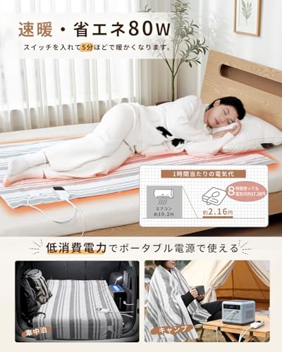 電気毛布 掛け敷き兼用 洗える【160x80cm 7段階温度調節 2-4-8-12H切タイマー】80W 節電 電気ブランケット 速暖 省エネ ダニ退治 軽くて柔かい生地 肩掛け 膝掛け シングル 防寒対策 暖房器具 キャンプ オフィス 車中泊 ギフト PSE認証済み (ストライプグレー, 160*80CM) 中間 画像