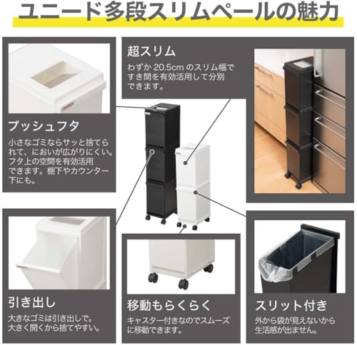 新輝合成 トンボ ユニード ゴミ箱 3段 30リットル 蓋を開けずにごみを捨てられる スリム キャスター付 キッチン 分別 ホワイト 幅20.5×奥行29.5×高さ105.5cm 蓋付き 日本製 最後 画像