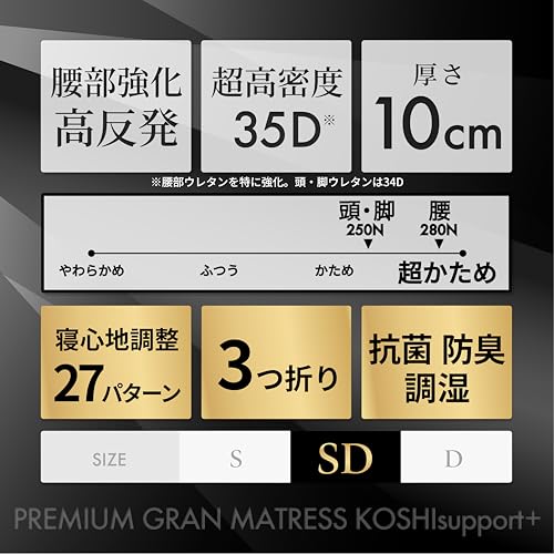 GOKUMIN マットレス セミダブル 2層高反発【腰部強化タイプ】極厚10cm 凸凹加工 34D ベッドマット 敷布団 【180Nと250Nの2層構造と特殊加工の長持ちグランマットレス】 硬め 三つ折り 折りたたみ (腰部強化タイプ, ブラック) G-GMP 中間 画像