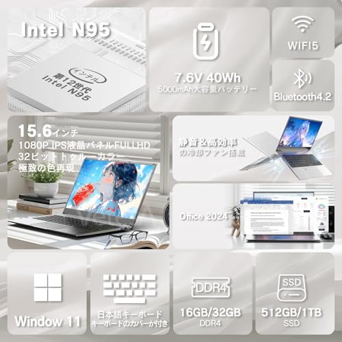 VETESA Office 2024搭載 ノートパソコン 15.6 イン 1920×1080 IPS液晶Win11 Pro 92万画素WEBカメラ 2025新版 薄型ノートPC 第12世代Intel-N95/メモリ16GB/SSD 512GB/Wi-Fi5対応 ラップトップ 10キー/指紋認証機能搭載/日本語キーボード/マウス付属 オンライン授業・在宅勤務・ビデオ鑑賞 グレー 最後 画像