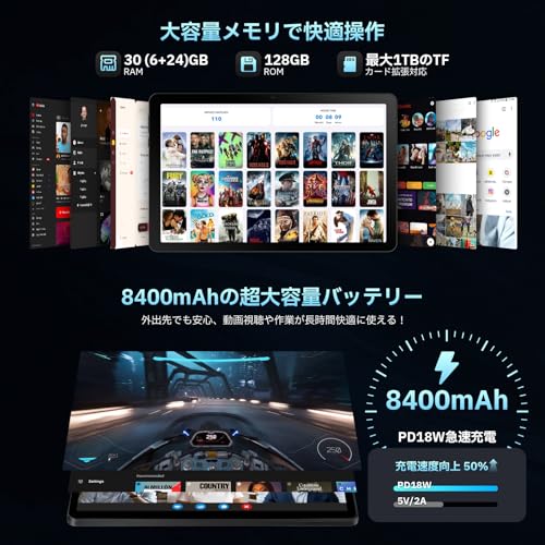 Android 15 タブレット 11.4インチ 2000*1200 FHD 大画面 30GB+128GB+1TB拡張 8400mAh 18WPD急速充電 wi-fi6モデル 8コアCPU PCモード 顔認識 8MP+13MPカメラ Bluetooth5.4 Widevine L1 Type-C充電 4スピーカー搭載 無線投影 画面分割 GMS認証 中間 画像