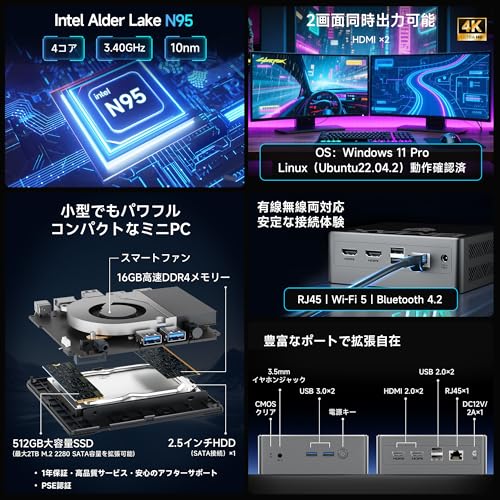 【ミニpc N95 高性能省電力モデル】BMAX ミニpc Intel mini pc N95 4C/4T 15W 最大3.4GHz N5095より速い 16GB DDR4+512GB SSD 小型PC M.2_SATA/HDD拡張 USB3.0×2 HDMI×2/2画面同時出力 4K@60Hz 小型パソコン 高速2.4G/5GWi-Fi BT4.2 ギガビットLAN 静音 ミニパソコン B4 中間 画像
