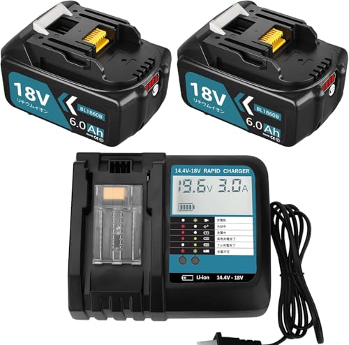 VANKO 互換 マキタ 18v バッテリー 充電器セット BL1860B 6.0Ah大容量 2個付き DC18RF充電器 液晶パネル付き マキタ 18v バッテリー BL1815N BL1830B BL1860Bなど対応可能 LEDランプ残量表示 A+級セル採用 大型基盤搭載 高耐久性 日本国内PSE認証取得済み 2億円製造物責任保険付 1枚目 画像