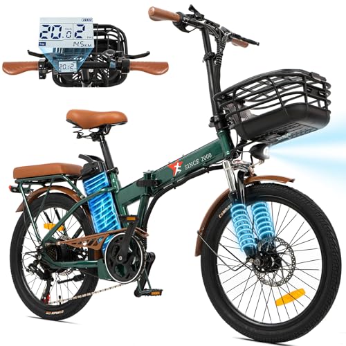 PEEZ 電動アシスト自転車 折りたたみ 軽量 コンパクト 20インチ 免許不要 5段アシスト シマノ製7段変速ギア サスペンション搭載 バスケット 最大走行距離85㎞ 通勤 公道可 27度までの坂道に対応 防水機能 軽量 耐震性 頑丈 耐荷重120kg 日本語取扱説明書付き (インクグリーン) 1枚目 画像