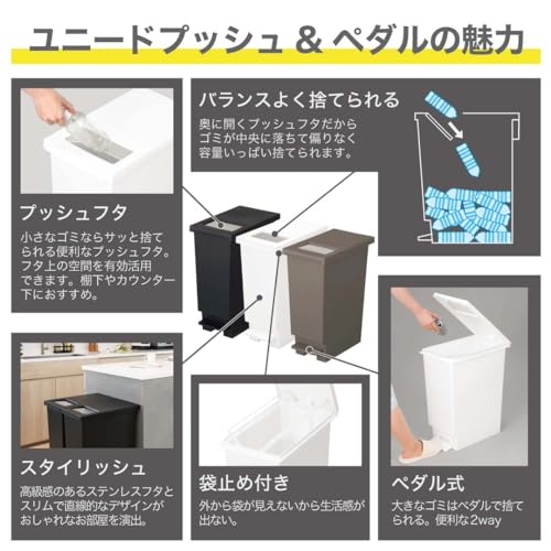 新輝合成 トンボ ユニード ゴミ箱 45リットル ふた付き 蓋を開けずにごみを捨てられる プッシュタイプ ペダル式 ブラック 幅26.5×奥行45.5×高さ55.5cm 45S 日本製 中間 画像