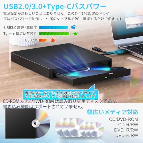 外付けDVDドライブ 高速処理 8XDVD& 24XCD 光学ドライブ外付け 読取/書込可 バスパワー USB 2.0/3.0&Type-C両接続 外付けCDドライブ (ブラック) 最後 画像