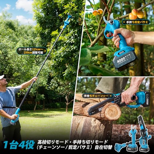 【2025年新登場】SEESII 高枝チェーンソー たかえだ 電動バサミ 8インチ 充電式チェーンソー 高枝切り剪定ハサミ 1台4役 セット 強力 電動のこぎり 軽量 コードレス ブラシレスモーター オイル注ぎ機能 延長ポール 125cm～250cm無段階調整 パワフル プロ 伐採 木工切断 庭木の剪定 4.0Ah大容量バッテリー2個付き 最後 画像