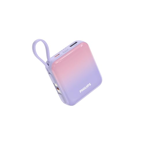 Philips (フィリップス) モバイルバッテリー 10000mAh 大容量 小型 携帯充電器 Lightning type-c ケーブル内蔵 22.5W タイプc ライトニング 4台同時充電 スマホ 持ち運び iPhone 16 / 15 Android iPad 各種機器対応 PSE認証済 (ピンク紫) 1枚目 画像