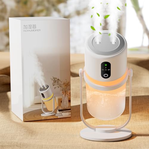 【Amazon.co.jp限定】卓上 小型 加湿器【2025新モデル・多機能加湿器】超音波式 ダブル噴霧 抗菌 90°回転ミスト 25dB静音 大容量バッテリー内蔵 コードレス アロマ対応 暖光LED 明るさ調節可能 タイマー機能 空焚き防止 持ち運び便利 省エネ 300ml大容量 次亜塩素酸水対応 車載/寝室/オフィス/リビング対応 乾燥/花粉症/肌荒れ対策 日本語説明書 プレゼント 卓上 加湿器 2025新モデル 実物画像・外観写真