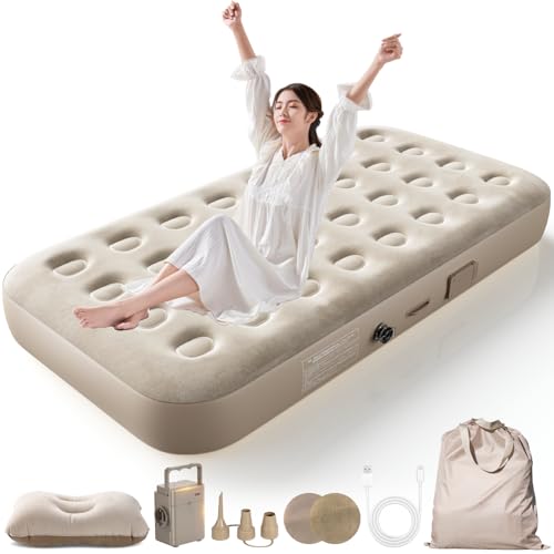 BQB エアーベッド 花見 キャンプ マット キャンプ用品 エアーマット 電動ポンプ内蔵 シングル 190×100×25cm 折り畳み式 自動膨張 ワンタッチで空気抜け Type-C充電式 取り外し可能 エアーマットレス 簡易ベッド 防水性・通気性・快適性 枕付き 収納袋付き 日本語取扱書 来客用/防災用/車中泊/引越し/家庭用/アウトドア コンパクト (ベージュ） 1枚目 画像