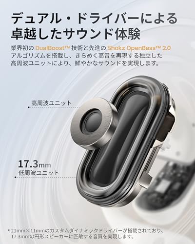 Shokz (ショックス) オープンイヤー イヤホン bluetooth ワイヤレスイヤホン OpenFit 2+ 【Dolby Audio対応 / 17.3mm 大型ドライバー / 合計48時間再生 / 音漏れ抑制技術 / IP55防水】 Bluetooth 5.4 物理ボタン ワイヤレス充電 急速充電 マイク付き AIノイキャン通話 9.4g超軽量 耳を塞がない 2025 ブラック 中間 画像