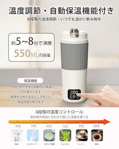 Aliliy 電気ケトル ポータブル トラベルケトル 550ml大容量 海外対応 6段階温度調節 保温 持ち運びケトル 400W 小型 5分急速沸かし 一人暮らし 電気ポット 漏れない 携帯ポット 空焚き防止 水筒 電気温水カップ お湯・コーヒー・お茶・粉ミルク キャンプ/旅行/出張/車中泊/オフィス対応 PSE認証済み (ホワイト-550ml) 中間 画像