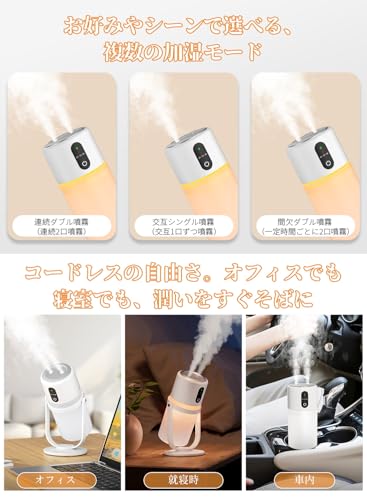 【Amazon.co.jp限定】卓上 小型 加湿器【2025新モデル・多機能加湿器】超音波式 ダブル噴霧 抗菌 90°回転ミスト 25dB静音 大容量バッテリー内蔵 コードレス アロマ対応 暖光LED 明るさ調節可能 タイマー機能 空焚き防止 持ち運び便利 省エネ 300ml大容量 次亜塩素酸水対応 車載/寝室/オフィス/リビング対応 乾燥/花粉症/肌荒れ対策 日本語説明書 プレゼント 中間 画像
