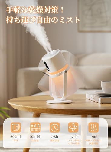【Amazon.co.jp限定】卓上 小型 加湿器【2025新モデル・多機能加湿器】超音波式 ダブル噴霧 抗菌 90°回転ミスト 25dB静音 大容量バッテリー内蔵 コードレス アロマ対応 暖光LED 明るさ調節可能 タイマー機能 空焚き防止 持ち運び便利 省エネ 300ml大容量 次亜塩素酸水対応 車載/寝室/オフィス/リビング対応 乾燥/花粉症/肌荒れ対策 日本語説明書 プレゼント 中間 画像