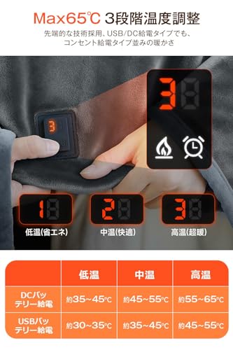 電気毛布 掛け敷き兼用 【2025新登場 9箇所発熱 143×88cm大判】 USB/DC給電 電気ブランケット 電気ひざ掛け 3段階温度調節 MAX65℃ 日本製ヒーター 6Hタイマー 肩掛け 膝掛け 敷毛布 腰巻き ダニ退治 切り忘れ防止 丸洗い可 防寒対策 暖房器具 速暖 ふわふわ ブランケット 省エネ キャンプ ソロキャンプ 車中泊 テント泊 アウトドア オフィス (グレー) 中間 画像