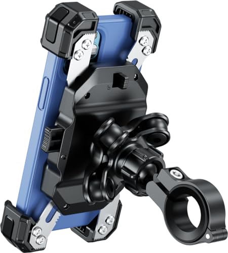 Kaedear(カエディア) バイク スマホホルダー バイク用スマホホルダー 携帯ホルダー 振動吸収 マウント 付属 スマホ スタンド アルミ製 マウント ハンドル ミラー 原付 オートバイ 自転車 / スマホ厚さ15mmまで, 縦長スマホ, カメラ突き出し,対応/アームロック機構, クイックホールドⅡ/Airアブソーバー KDR-M11CPJ-BK 1枚目 画像